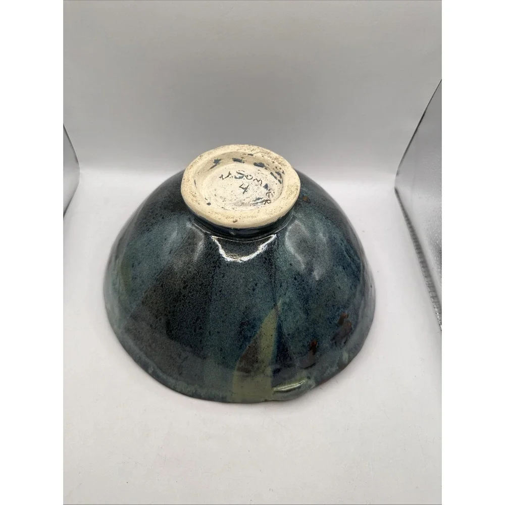 Hand Made Pottery Bowl, JS Signed Blue Green Color Textured Abstract 10